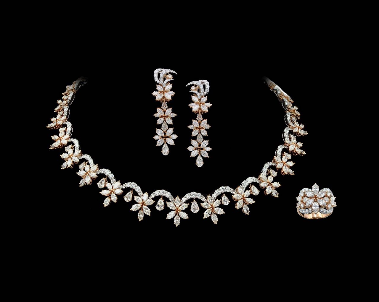 Diamond necklace, earrings and ring set