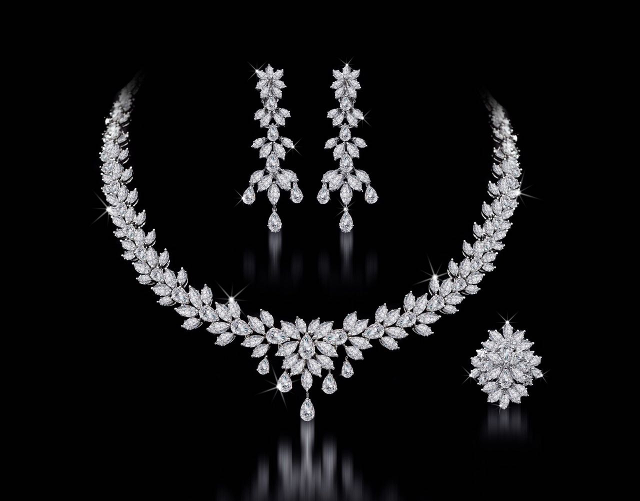 Diamond necklace, earrings and ring set